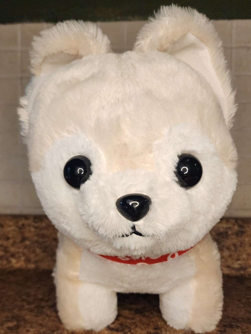Plush White Dog Stuffed Animal with Red Collar